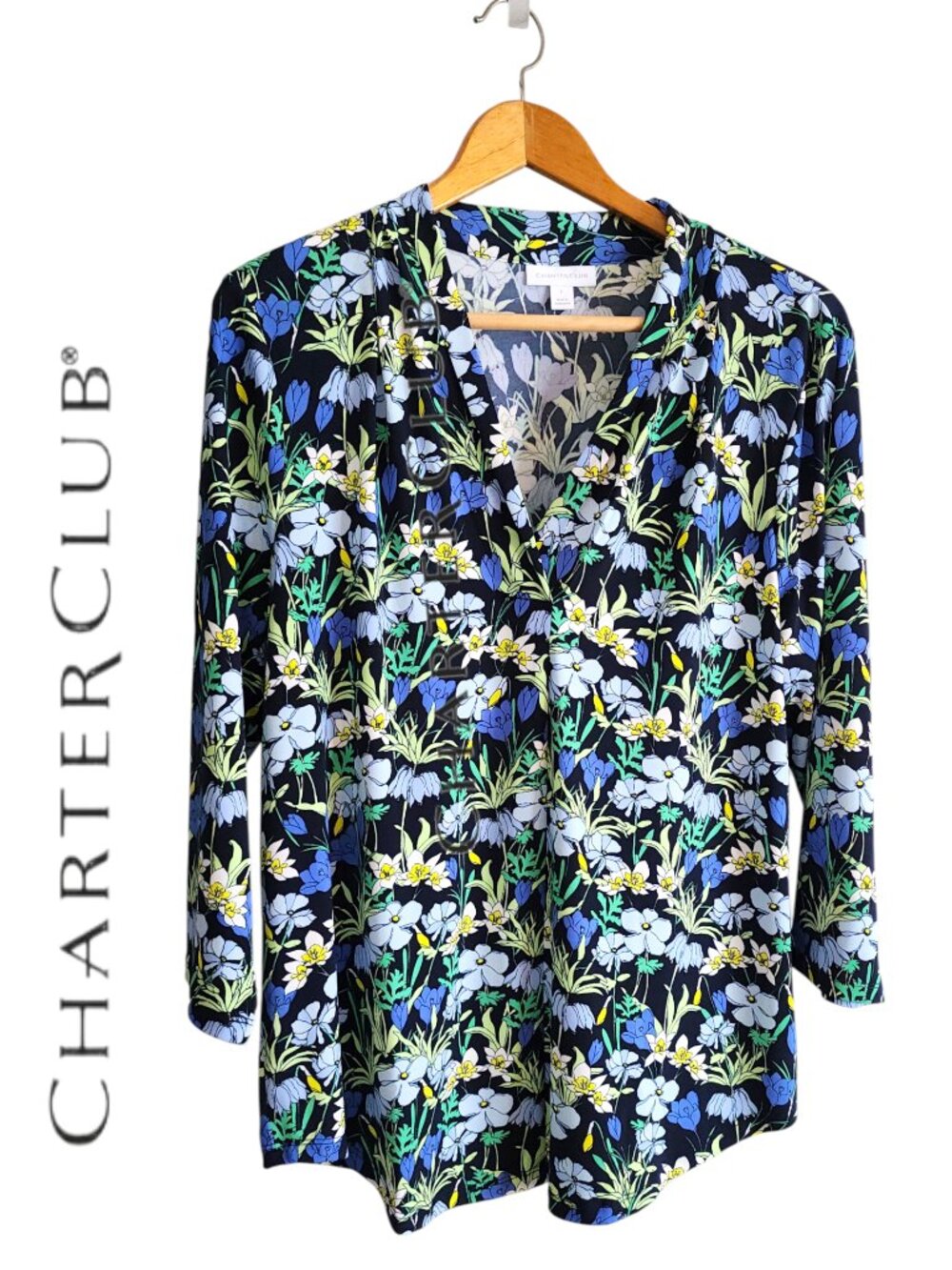 Charter Club L Mid Sleeve Blouse Top Black Floral Patterned